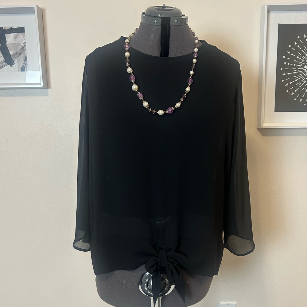 ZARA Black Sheer Sleeve Blouse XL Tie Front Flowy Top Minimalist